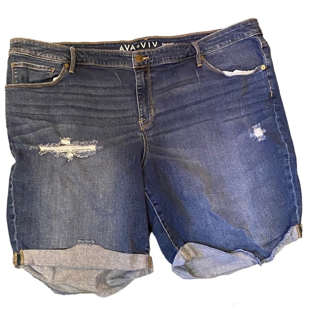 AVA + VIV Jean Shorts Plus Size 26W Medium Wash Bermudas Raw Hem Rolled Cuff